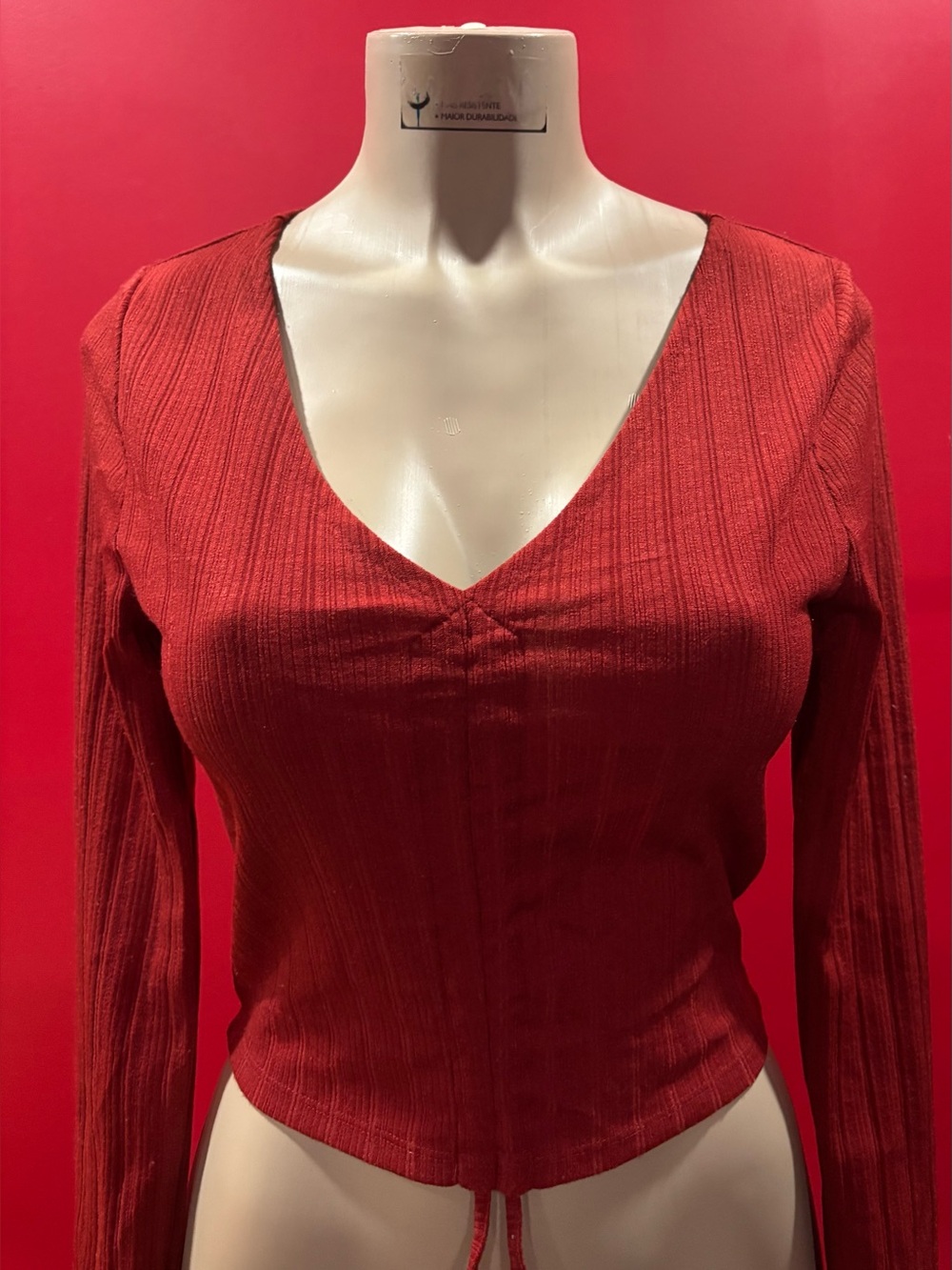 Women’s Ribbed V-Neck Long Sleeve Top - Rust color